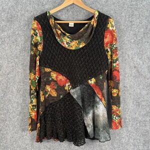 This & That Sweater Sz Large Artsy Boho Floral Crochet Colorblock Pullover Tunic